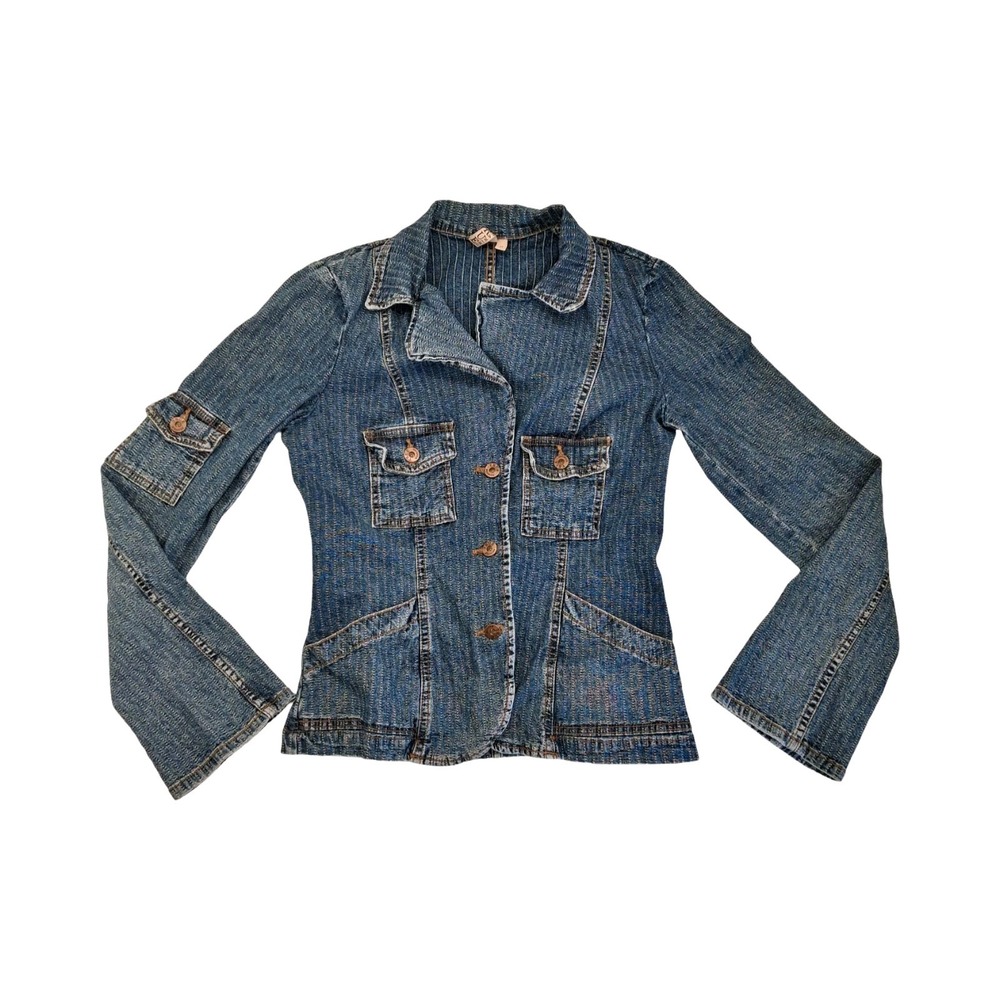 True Meaning Denim Jean Jacket Womens M Blue Striped Button Front Made USA